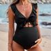 2026 Sexy Solid Color Maternity One Piece Swimsuit European American Style Deep V Neck Ruffles Hollowed out Bikini Women's Clothing Swimwear_ecoleips.com