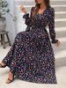 Women's Clothing Printing Fashion All Match V Neck Long Sleeved Big Swing Dress_ecoleips.com