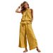 Summer Casual Women's Two Piece Set Cotton Linen Sleeveless Ruffle Wide Leg Pants European American Style in Stock_ecoleips.com