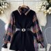 Women's Clothing Temperament Mature Suit For Women Puff Sleeve Lapel Plaid Shirt Split Knitted Sweater Vest Two Piece Suit_ecoleips.com
