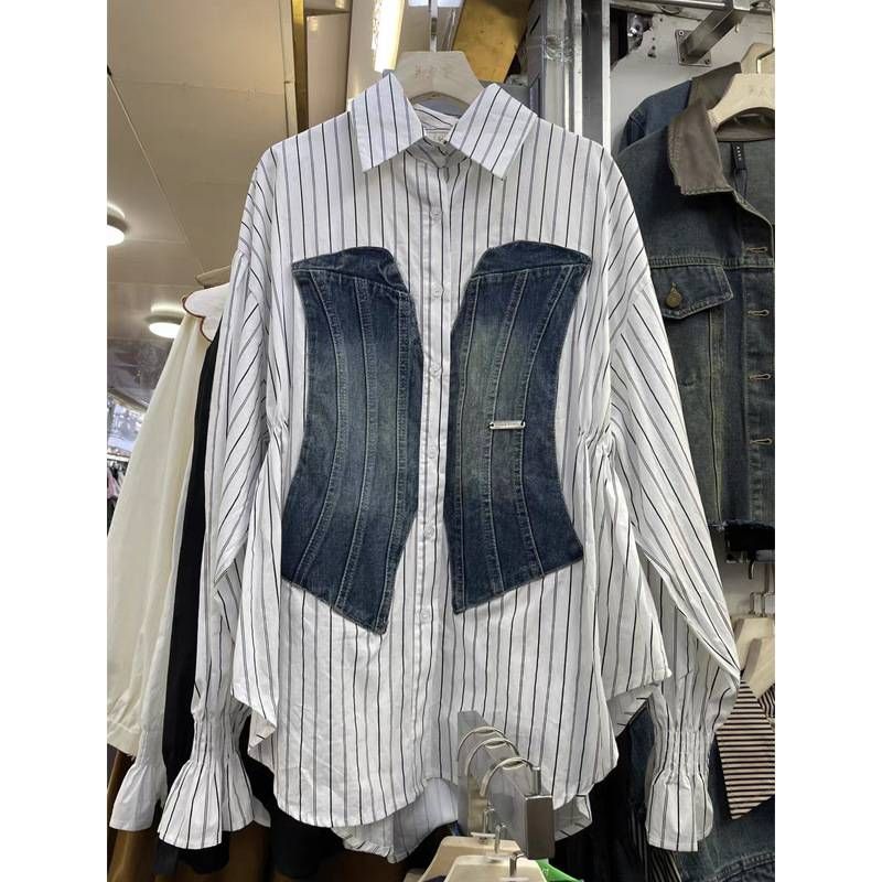 Women's Clothing Spliced Long Sleeved Shirt Early Autumn Waist Slimming Tops_ecoleips.com