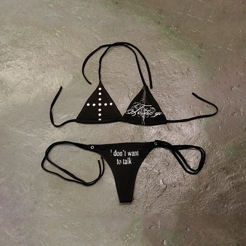 Sexy Dark Lace-Up Punk Print Bikini Set European American Style Women's Clothing Two-Piece Beach Hot Girl Swimsuit_ecoleips.com