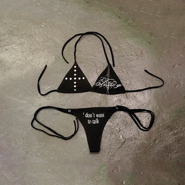 Sexy Dark Lace-Up Punk Print Bikini Set European American Style Women's Clothing Two-Piece Beach Hot Girl Swimsuit_ecoleips.com
