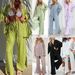 Women's Clothing Solid Color Pleated Long Sleeved Lapel Cardigan Shirt Slit Pajamas Two Piece Suit_ecoleips.com