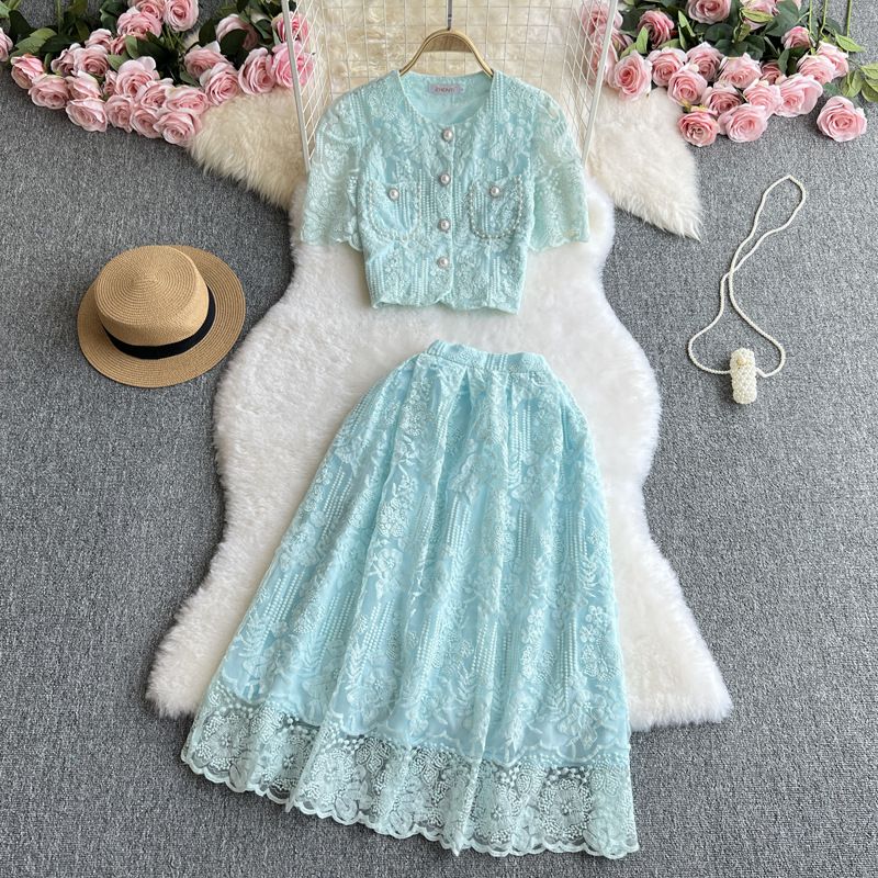 Women's Clothing Fashion Single Row Female Celebrity Temperament Round Neck Short Sleeved Suit Buttoned Lace Shirt Two Piece High Waisted A Line Skirt_ecoleips.com