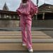 Voya Women's Two Piece Tracksuit Set – Pink Cropped Zip-Up Hoodie & Wide Leg Joggers, Casual Sporty Streetwear, EU Daily Active Wear_ecoleips.com