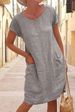 Women's Round Neck Cotton Linen Dress Solid Color Pocket Short Sleeved Loose Fit_ecoleips.com