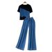 Women's Clothing Fashion Suit Patchwork Contrast Color Short Sleeved Top High Waist Wide Leg Jeans Two Piece Suit_ecoleips.com