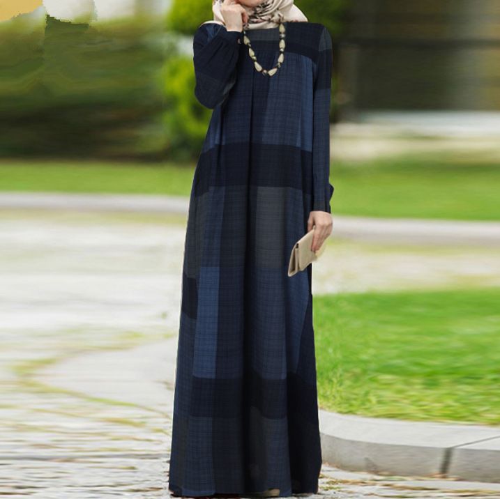 Muslim Dress Women Bohemian Linen Maxi Dress – Oversized Fit With Plaid Print & Asymmetrical Hem – Vintage Cotton-Blend Dress For Women (S-5xl)_ecoleips.com