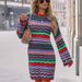 Crochet Rainbow Knit Dress – Long Sleeve Hollow-Out Maxi Dress With Color Blocking (Green) | Boho Chic Bodycon Dress (S-Xl)_ecoleips.com
