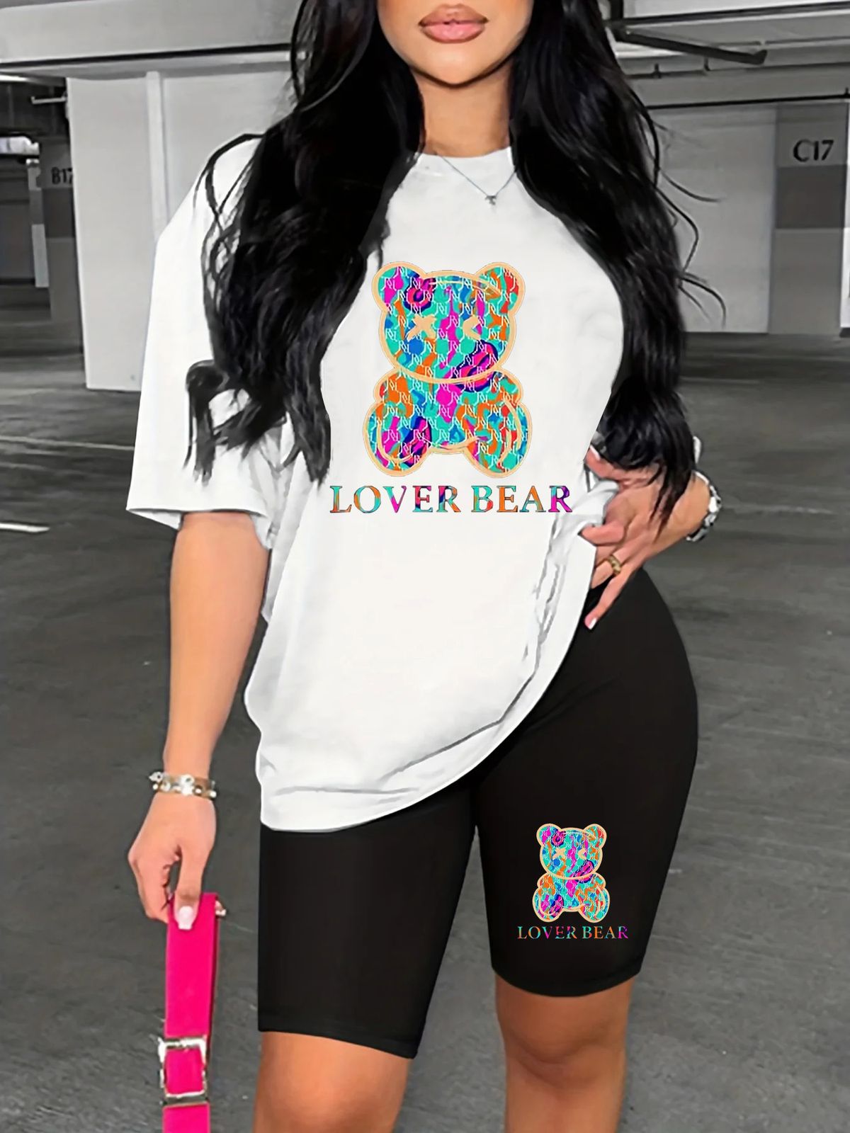 Summer Women's Casual And Fashionable Lover Bear Print Loose T-shirt+shorts Two-piece Sportswear Suitable For Daily Wear-90_ecoleips.com