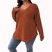 2024 Fall/Winter New Solid Color Plus Size Women's Top V-Neck Long Sleeve Ribbed Brushed T-Shirt Loose Pullover_ecoleips.com