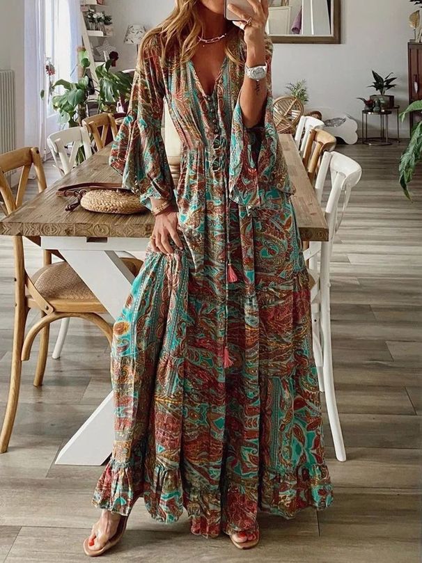 Women's Clothing Trumpet Sleeve Printed V Neck High Waist Dress Floral Female Long Dress_ecoleips.com