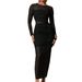 Women's Slim Fit Bodycon Dress Round Neck Mesh Patchwork Long Pleated Hem Fashion_ecoleips.com