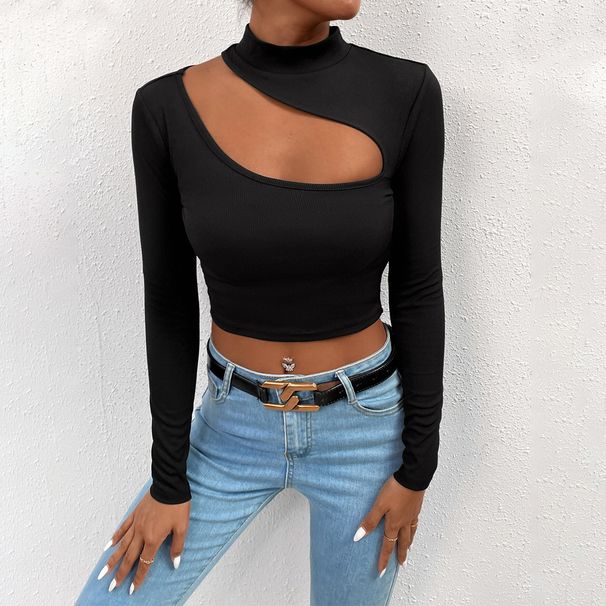 Voya Women's Instagram Fashion T-shirt Autumn And Winter Slim Fit With Exposed Navel Design, Short Long Sleeved Top_ecoleips.com