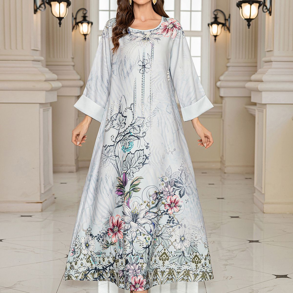 Women's Clothing Muslim Robe Printed Beaded Diamond Long Skirt Dress_ecoleips.com