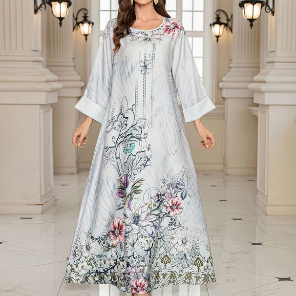 Women's Clothing Muslim Robe Printed Beaded Diamond Long Skirt Dress_ecoleips.com