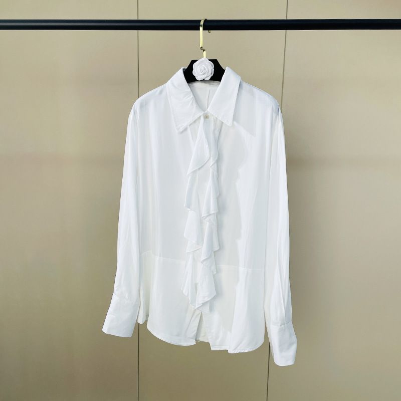 Women's New Spring Style White Shirt French Ruffle Collar Loose Fit Slimming Elegant Versatile Long Sleeved Top_ecoleips.com