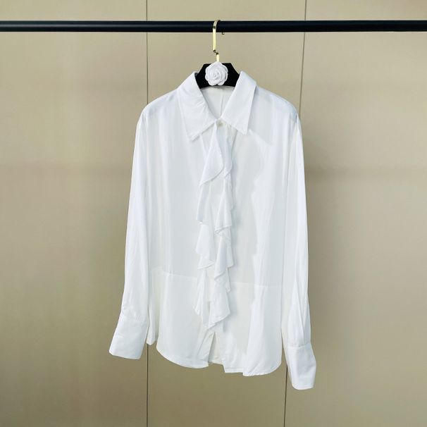 Women's New Spring Style White Shirt French Ruffle Collar Loose Fit Slimming Elegant Versatile Long Sleeved Top_ecoleips.com