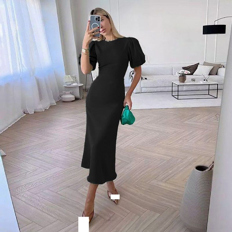 women's summer new round neck bubble short sleeve dress fashionable and elegant slim high waist long skirt female_ecoleips.com