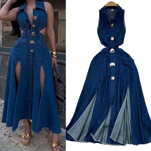 Women's Clothing Retro Lapel Hollow Waist Exposed Waist Slimming Sleeveless Single Breasted A Line Slit Denim Dress Casual Long Skirt_ecoleips.com