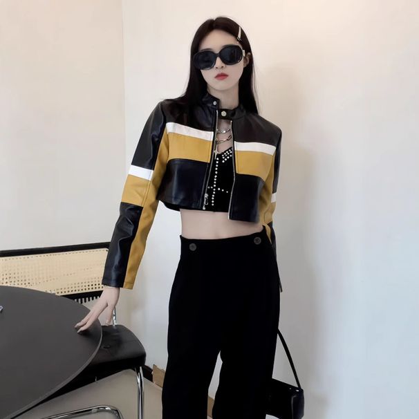 Women's Clothing Sexy PU Leather Biker Jacket With Stand Collar, Slim Fit Short Cropped Motorcycle Jacket For Women, Stylish Two-Tone Color Block_ecoleips.com