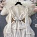 Elegant French-Chic Dress With Intricate Beading, Metal Buttons, Square Neckline & Lace Inserts – Flowy Pleated Midi Dress For Women_ecoleips.com