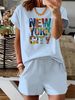 Summer New Pink New York NU Pattern T-shirt, Casual Printed Round Neck Short Sleeved Top With Elastic Waist Pocket, Women's Two-piece Set-283_ecoleips.com