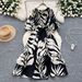 Vintage-Inspired V-Neck Floral Print Dress – Long Sleeve, Belted Waist & Flowy A-Line Silhouette (Multiple Colors, One Size)_ecoleips.com