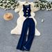 Temperament Design Metallic Buckle Round Neck Sleeveless Vest+High Waist Wide Leg Pants Denim Set For Women_ecoleips.com