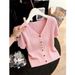 Women's Summer V Neck Hollow Short Sleeve T-Shirt Lightweight Slimming Knitted Cardigan Top New Style_ecoleips.com