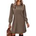 Women's Round Neck Puff Sleeve Mid Length Dress Brushed Ribbed Solid Color Autumn Winter Fashion_ecoleips.com