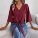 Women's V-Neck Button Front Knotted Hem Chiffon Blouse 3/4 Sleeve Casual Tops_ecoleips.com