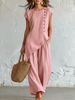 Women's Bohemian Two-Piece Set Round Neck Button Down Short Sleeve Top And Wide Leg Pants Beach Vacation_ecoleips.com