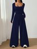 Women's Long Sleeve Square Neck Jumpsuit Casual Wide Leg Slim Fit Solid Color Fashionable_ecoleips.com