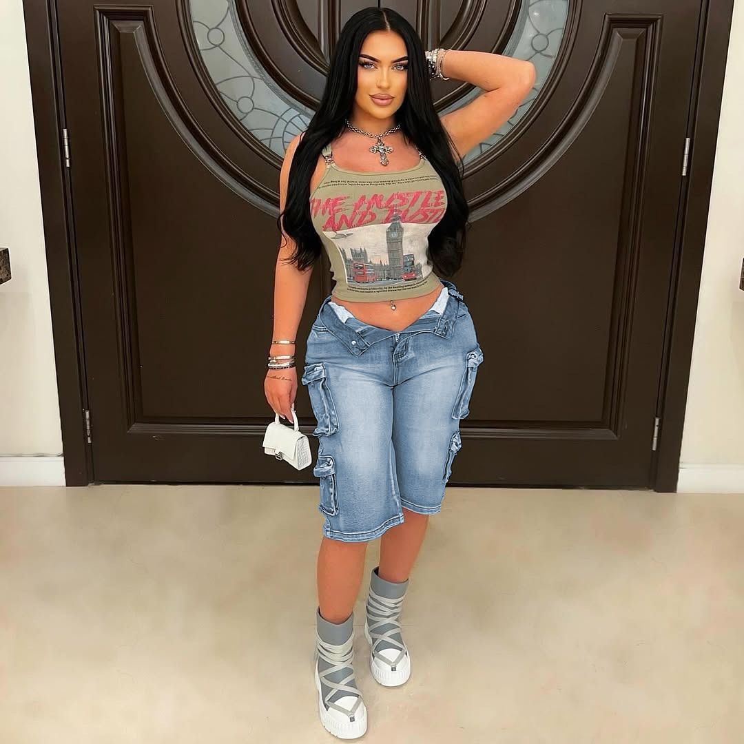 Women's Distressed Denim Cargo Shorts - Relaxed Fit Washed Blue & Gray Shorts For Women, Casual Streetwear_ecoleips.com