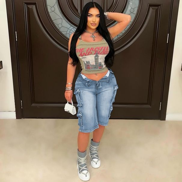Women's Distressed Denim Cargo Shorts - Relaxed Fit Washed Blue & Gray Shorts For Women, Casual Streetwear_ecoleips.com