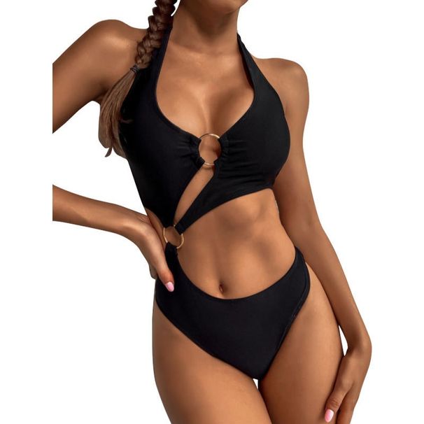 Aria Basics European And American Hollow Out Solid Color Metal Ring Triangle Halter Neck Backless Sexy One-Piece Swimsuit Hot Spring_ecoleips.com