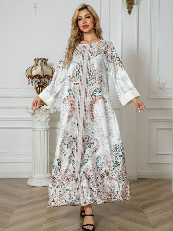 Women's Clothing Middle East Muslim Women's Robe Printed Diamond Beaded Arabic Dress_ecoleips.com