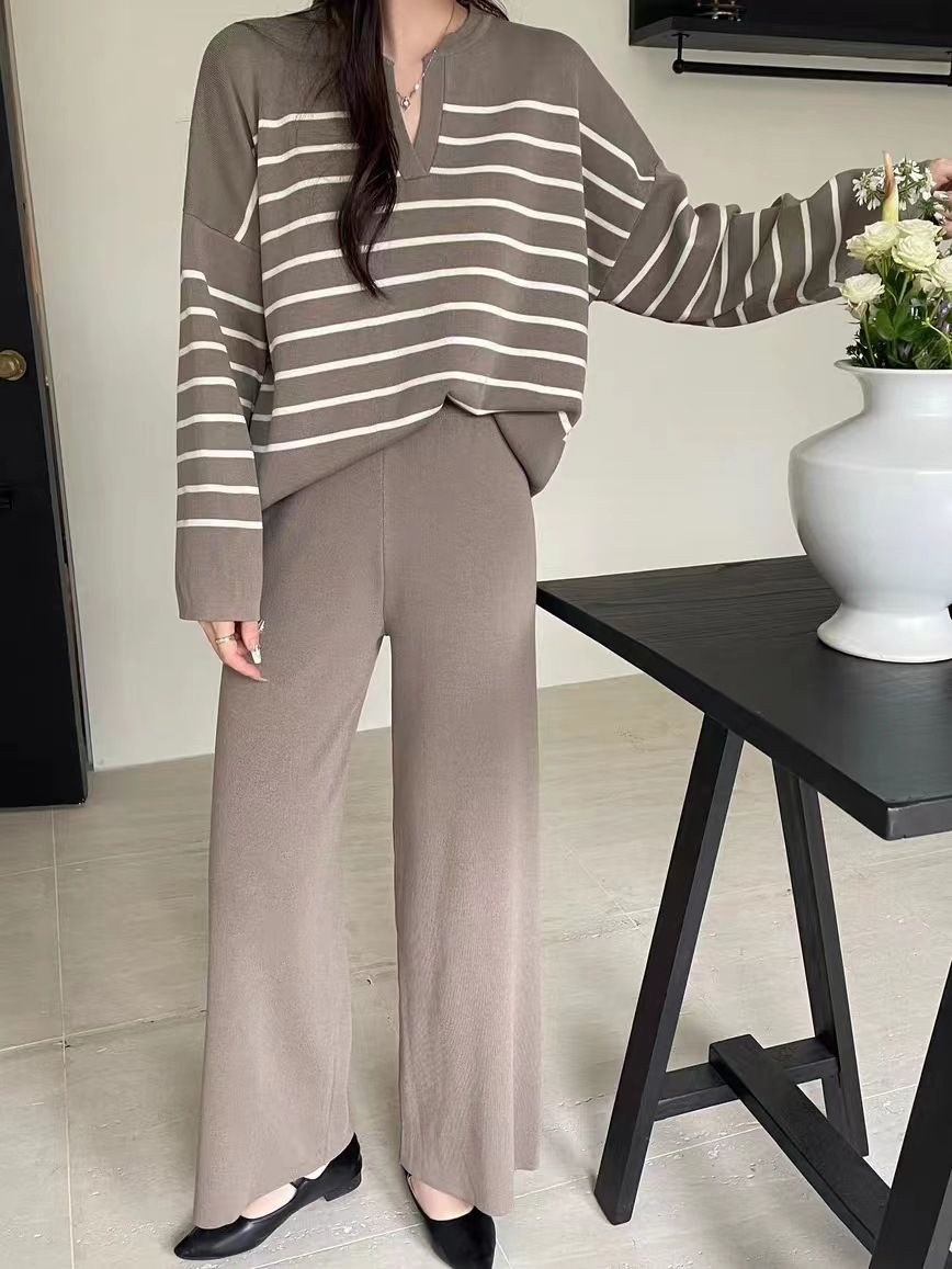 Women's Fashionable Korean Style Two Piece Set Loose Striped Knit Top with Casual High Waisted Wide Leg Pants_ecoleips.com