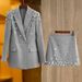 K New Gray Tailored Suit Set With Beaded And Sequin Details For Women's Fashion Short Skirt Two-Piece Set_ecoleips.com