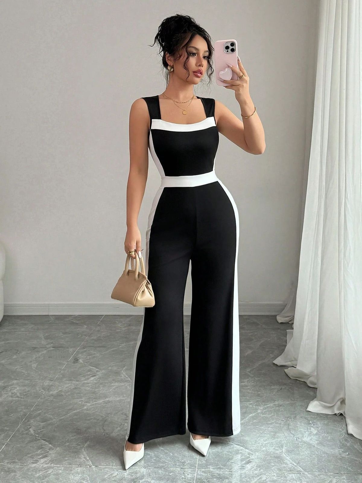 Women's Spring/Summer Resort Style Temperament Color-Block Sleeveless Wide-Leg Jumpsuit American Clothing_ecoleips.com