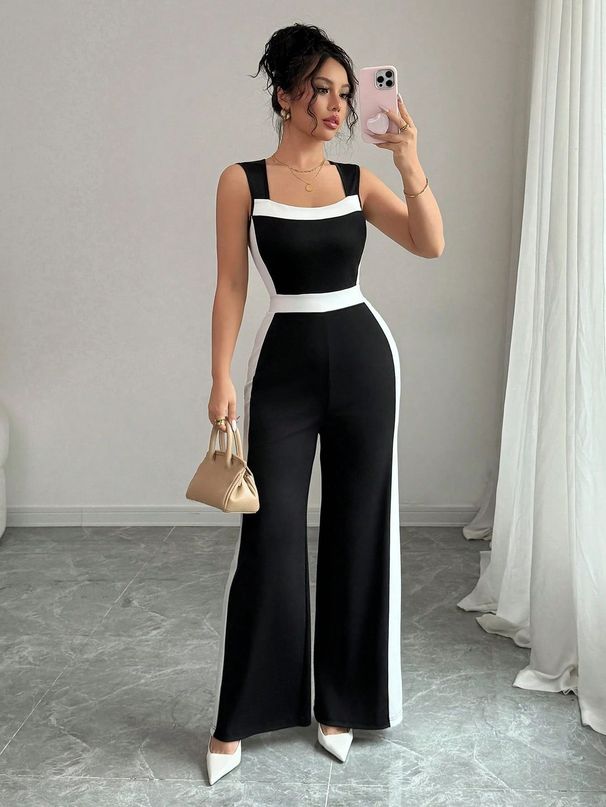 Women's Spring/Summer Resort Style Temperament Color-Block Sleeveless Wide-Leg Jumpsuit American Clothing_ecoleips.com