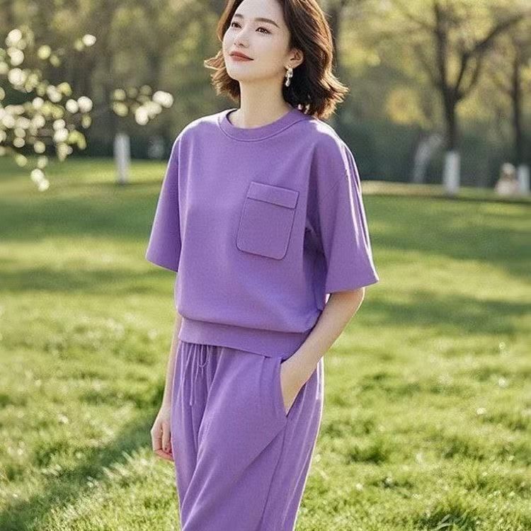 Women's Pure Cotton Two Piece Sportswear Set Korean Style Fashionable Casual Loose Flattering Summer Style Cross Border_ecoleips.com