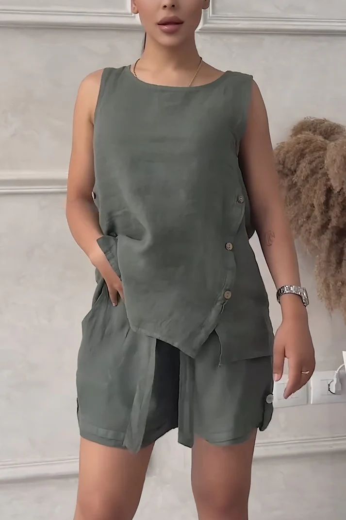 Women's Clothing 2 Piece Set Large Size Cotton And Linen Shirt Set High Waist Loose Shorts_ecoleips.com