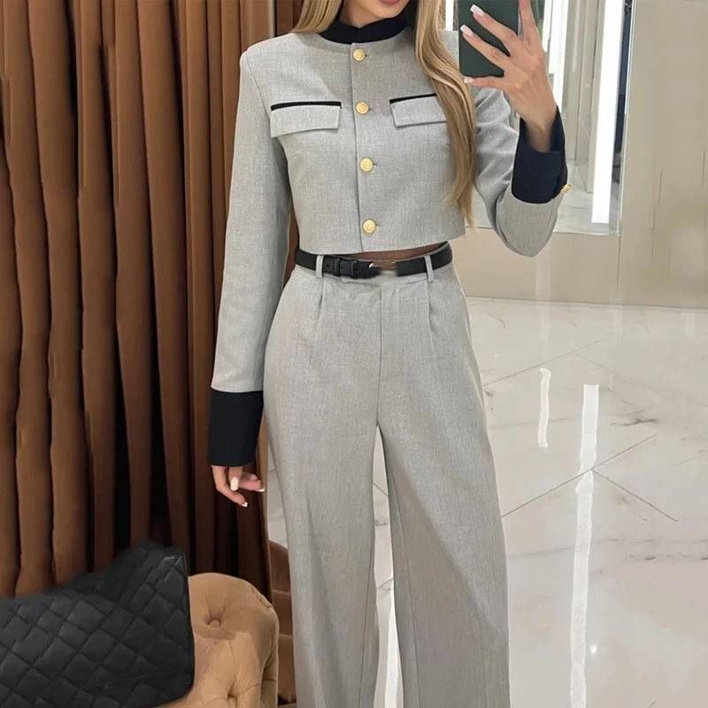 Women's Clothing fashion contrasting color small fragrance style elegant wide-leg trousers suit_ecoleips.com