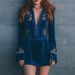 Women's Blue Embroidered Dress V Neck Long Sleeve Zipper Short Skirt Lace Patchwork Sexy Spring New Fashion_ecoleips.com