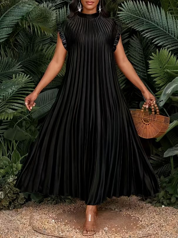 Elegant Plus Size Dress, Women's Long Dress With Pleated Short Sleeves, Bridesmaid Dress, Loose Fit, Casual, Elegant Party Dress, Spring/Summer Attire_ecoleips.com