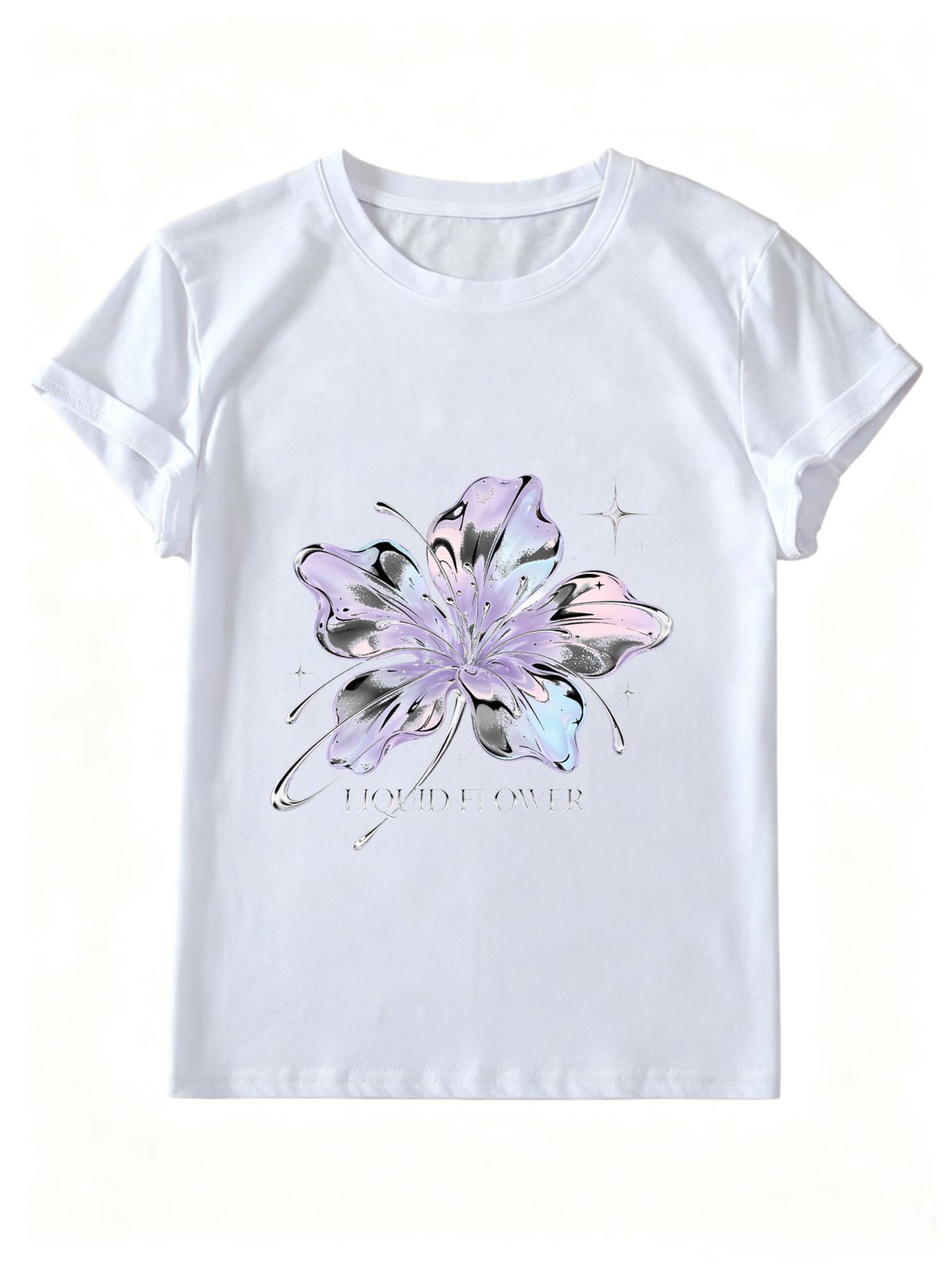 Women Y2K Liquid Metal Flower Graphic T-Shirt Holographic Purple Floral Print Crew Neck Short Sleeve White Casual Tee_ecoleips.com