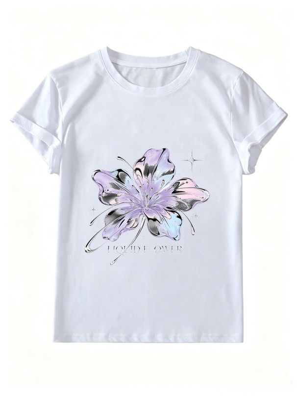 Women Y2K Liquid Metal Flower Graphic T-Shirt Holographic Purple Floral Print Crew Neck Short Sleeve White Casual Tee_ecoleips.com